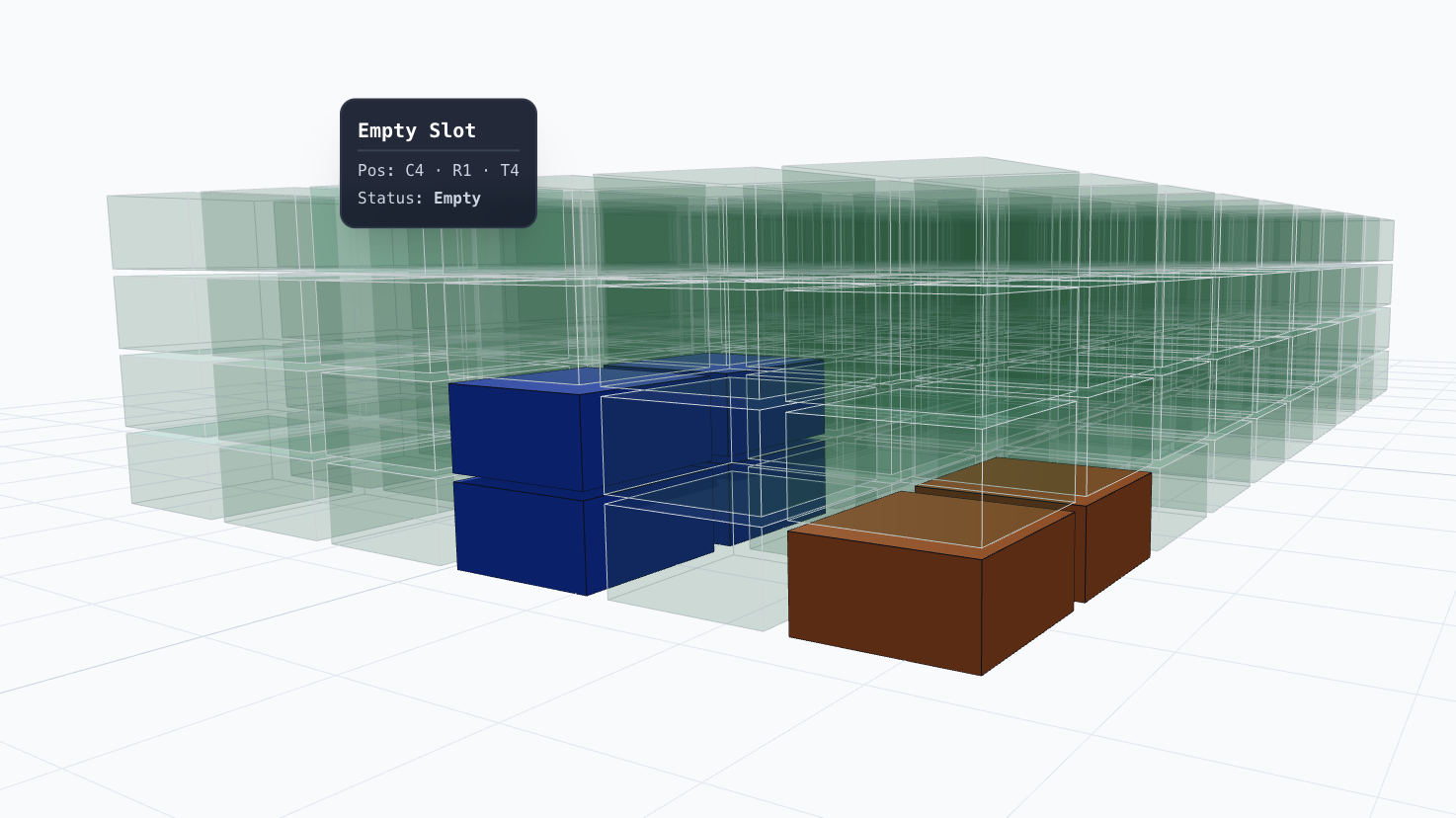 Interactive 3D yard view showing occupied containers as solid blue boxes, empty slots as translucent green outlines, and a hover tooltip displaying slot position and status